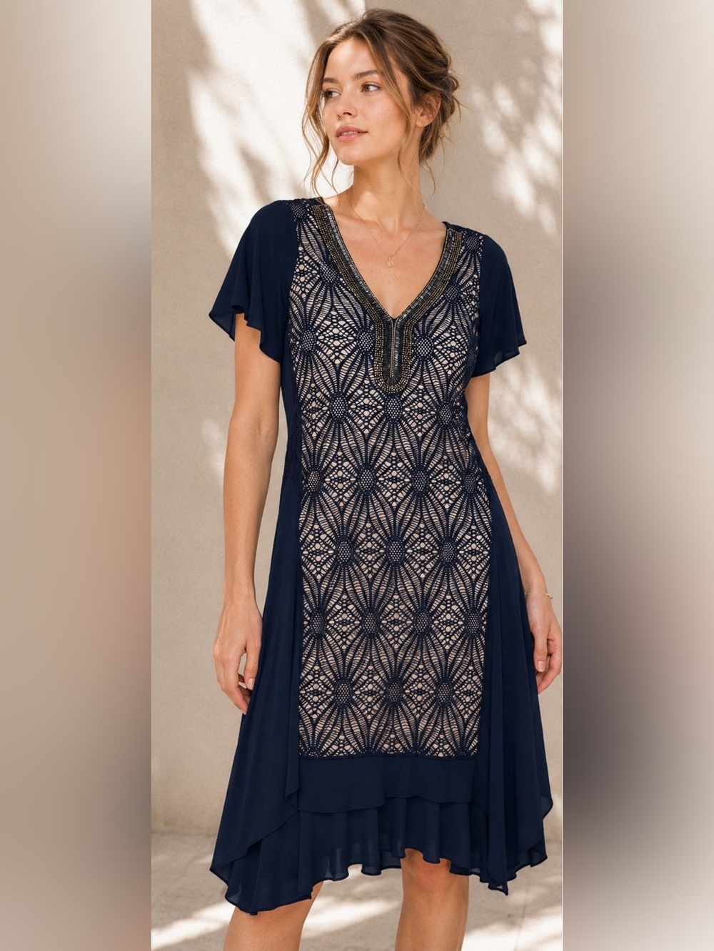 NWT Navy Blue Lace Overlay Dress with Beaded Embellishment Made in France Small